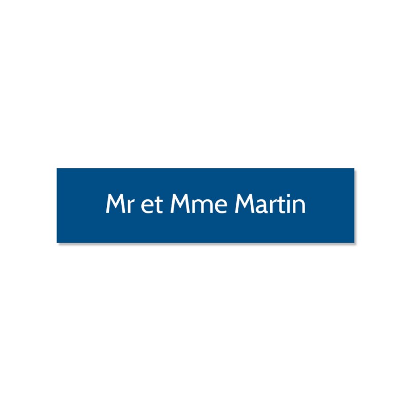 Plaque adhésive interphone ou sonnette 60 mm x 15 mm gravure personnalisée sur 1 ligne couleur bleue lettres blanches Plaque adhésive interphone ou sonnette 60 mm x 15 mm gravure personnalisée sur 1 ligne couleur bleue lettres blanches