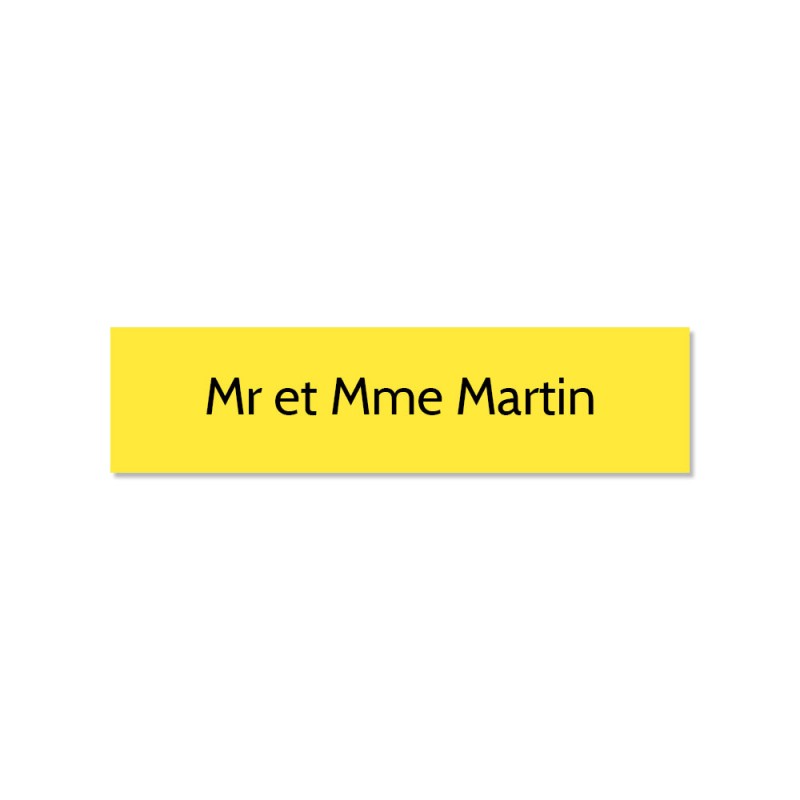 Plaque adhésive interphone ou sonnette 60 mm x 15 mm gravure personnalisée sur 1 ligne couleur jaune lettres noires Plaque adhésive interphone ou sonnette 60 mm x 15 mm gravure personnalisée sur 1 ligne couleur jaune lettres noires