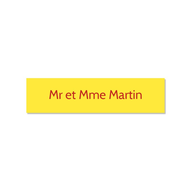 Plaque adhésive interphone ou sonnette 60 mm x 15 mm gravure personnalisée sur 1 ligne couleur jaune lettres rouges Plaque adhésive interphone ou sonnette 60 mm x 15 mm gravure personnalisée sur 1 ligne couleur jaune lettres rouges