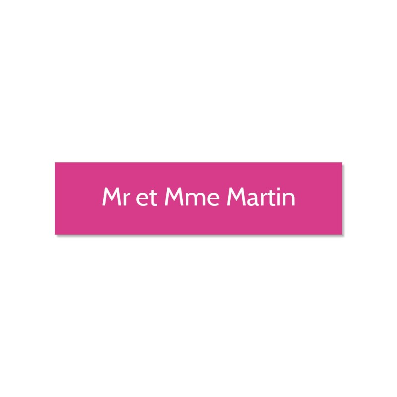 Plaque adhésive interphone ou sonnette 60 mm x 15 mm gravure personnalisée sur 1 ligne couleur rose lettres blanches Plaque adhésive interphone ou sonnette 60 mm x 15 mm gravure personnalisée sur 1 ligne couleur rose lettres blanches