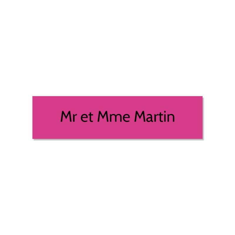 Plaque adhésive interphone ou sonnette 60 mm x 15 mm gravure personnalisée sur 1 ligne couleur rose lettres noires Plaque adhésive interphone ou sonnette 60 mm x 15 mm gravure personnalisée sur 1 ligne couleur rose lettres noires