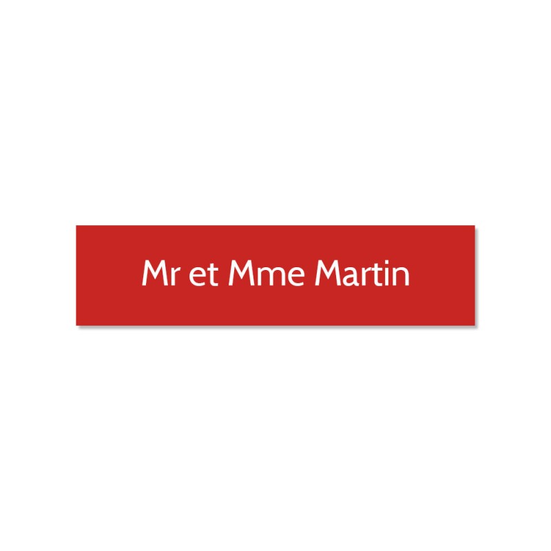 Plaque adhésive interphone ou sonnette 60 mm x 15 mm gravure personnalisée sur 1 ligne couleur rouge lettres blanches Plaque adhésive interphone ou sonnette 60 mm x 15 mm gravure personnalisée sur 1 ligne couleur rouge lettres blanches
