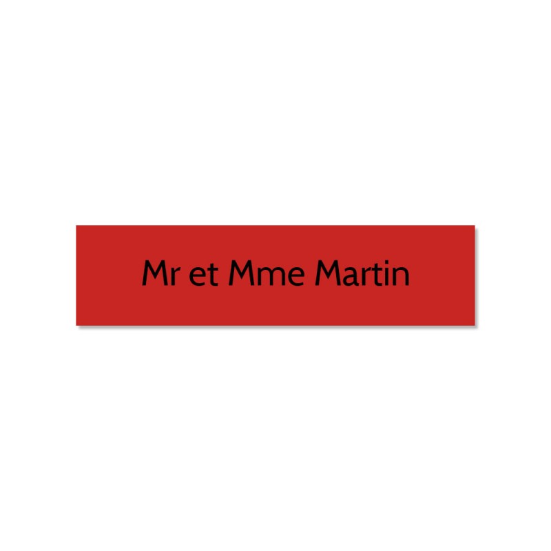 Plaque adhésive interphone ou sonnette 60 mm x 15 mm gravure personnalisée sur 1 ligne couleur rouge lettres noires Plaque adhésive interphone ou sonnette 60 mm x 15 mm gravure personnalisée sur 1 ligne couleur rouge lettres noires