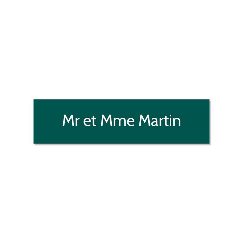 Plaque adhésive interphone ou sonnette 60 mm x 15 mm gravure personnalisée sur 1 ligne couleur vert foncé lettres blanches Plaque adhésive interphone ou sonnette 60 mm x 15 mm gravure personnalisée sur 1 ligne couleur vert foncé lettres blanches