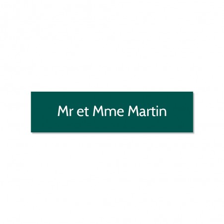 Plaque adhésive interphone ou sonnette 60 mm x 15 mm gravure personnalisée sur 1 ligne couleur vert foncé lettres blanches