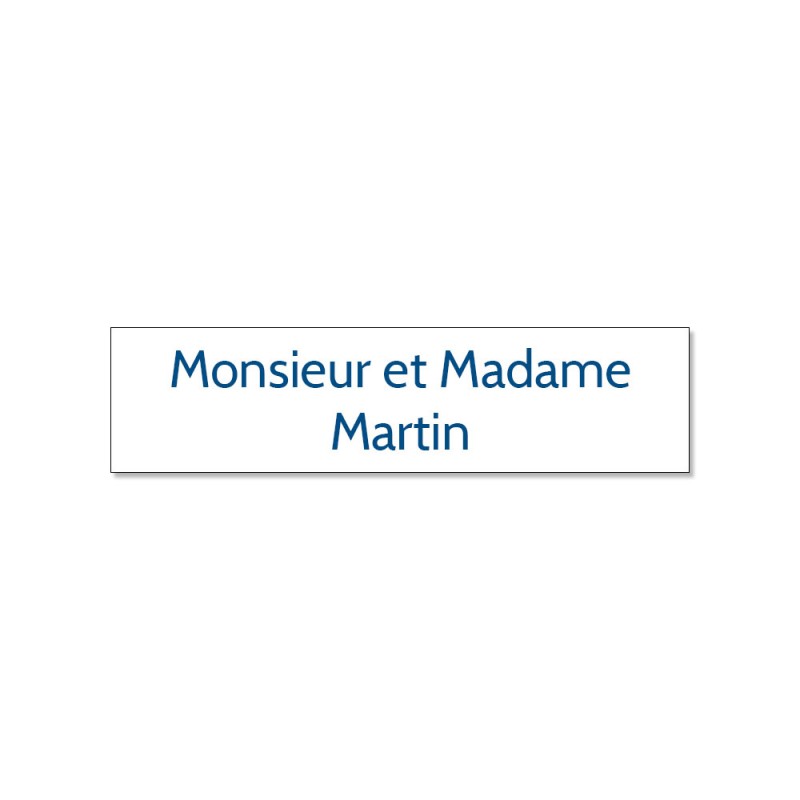 Plaque adhésive interphone ou sonnette 60 mm x 15 mm gravure personnalisée sur 2 lignes couleur blanche lettres bleues Plaque adhésive interphone ou sonnette 60 mm x 15 mm gravure personnalisée sur 2 lignes couleur blanche lettres bleues