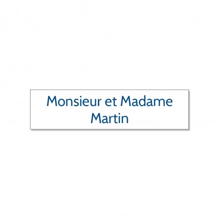 Plaque adhésive interphone ou sonnette 60 mm x 15 mm gravure personnalisée sur 2 lignes couleur blanche lettres bleues
