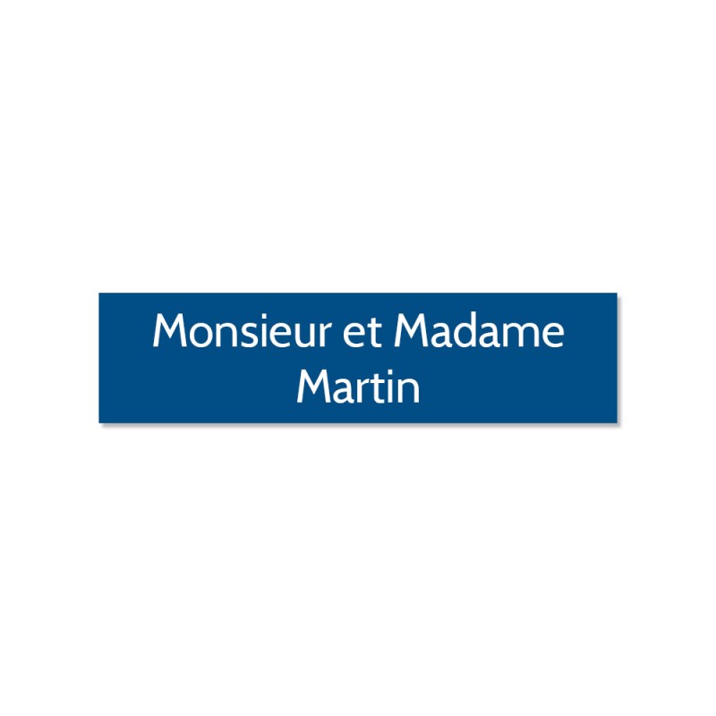 Plaque adhésive interphone ou sonnette 60 mm x 15 mm gravure personnalisée sur 2 lignes couleur bleue lettres blanches Plaque adhésive interphone ou sonnette 60 mm x 15 mm gravure personnalisée sur 2 lignes couleur bleue lettres blanches