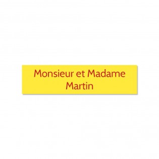 Plaque adhésive interphone ou sonnette 60 mm x 15 mm gravure personnalisée sur 2 lignes couleur jaune lettres rouges
