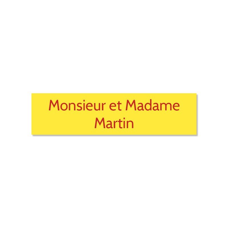 Plaque adhésive interphone ou sonnette 60 mm x 15 mm gravure personnalisée sur 2 lignes couleur jaune lettres rouges Plaque adhésive interphone ou sonnette 60 mm x 15 mm gravure personnalisée sur 2 lignes couleur jaune lettres rouges