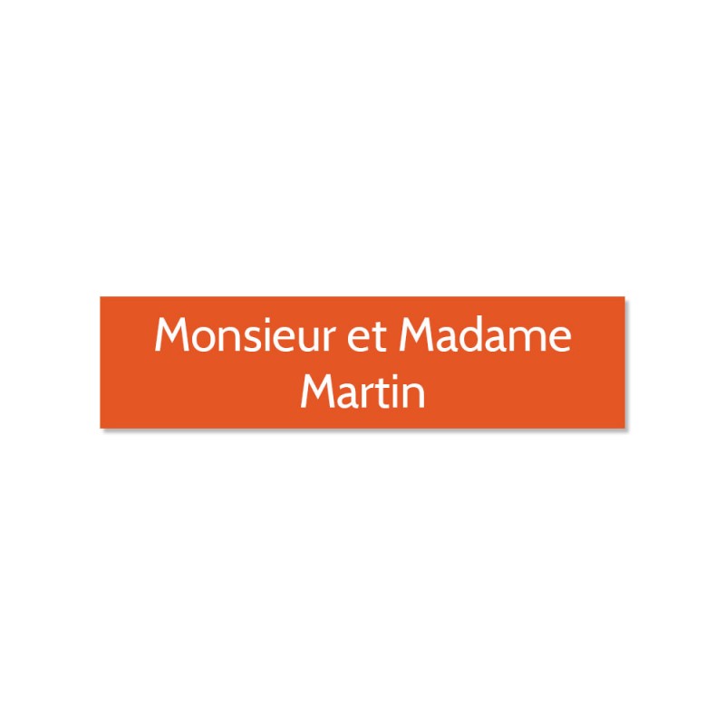 Plaque adhésive interphone ou sonnette 60 mm x 15 mm gravure personnalisée sur 2 lignes couleur orange lettres blanches Plaque adhésive interphone ou sonnette 60 mm x 15 mm gravure personnalisée sur 2 lignes couleur orange lettres blanches