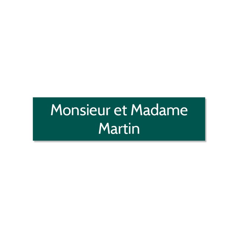 Plaque adhésive interphone ou sonnette 60 mm x 15 mm gravure personnalisée sur 2 lignes couleur vert foncé lettres blanches Plaque adhésive interphone ou sonnette 60 mm x 15 mm gravure personnalisée sur 2 lignes couleur vert foncé lettres blanches