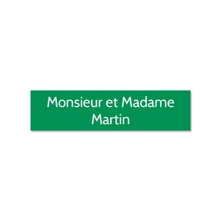 Plaque adhésive interphone ou sonnette 60 mm x 15 mm gravure personnalisée sur 2 lignes couleur vert pomme lettres blanches