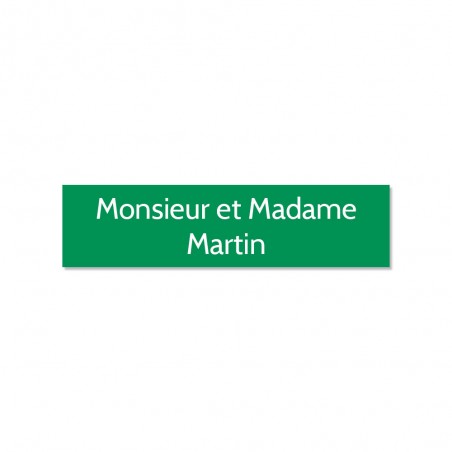 Plaque adhésive interphone ou sonnette 60 mm x 15 mm gravure personnalisée sur 2 lignes couleur vert pomme lettres blanches