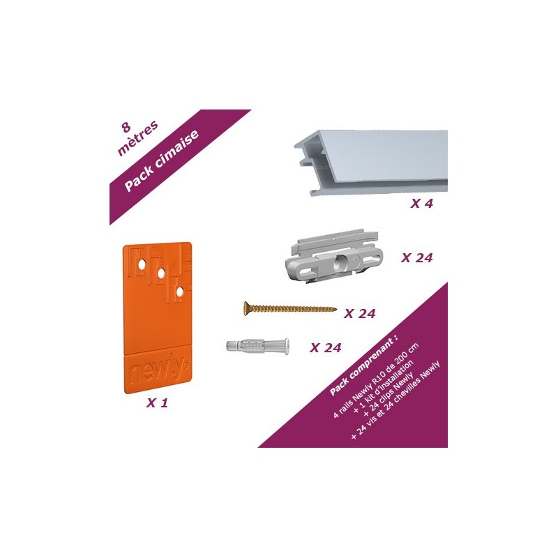8 mètres Aluminium : Pack économique cimaise Newly R10 (rail et fixations) 8 mètres Aluminium : Pack économique cimaise Newly R10 (rail et fixations)