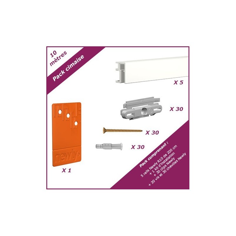 10 mètres Blanc mat : Pack économique cimaise Newly R10 (rail et fixations) 10 mètres Blanc mat : Pack économique cimaise Newly R10 (rail et fixations)