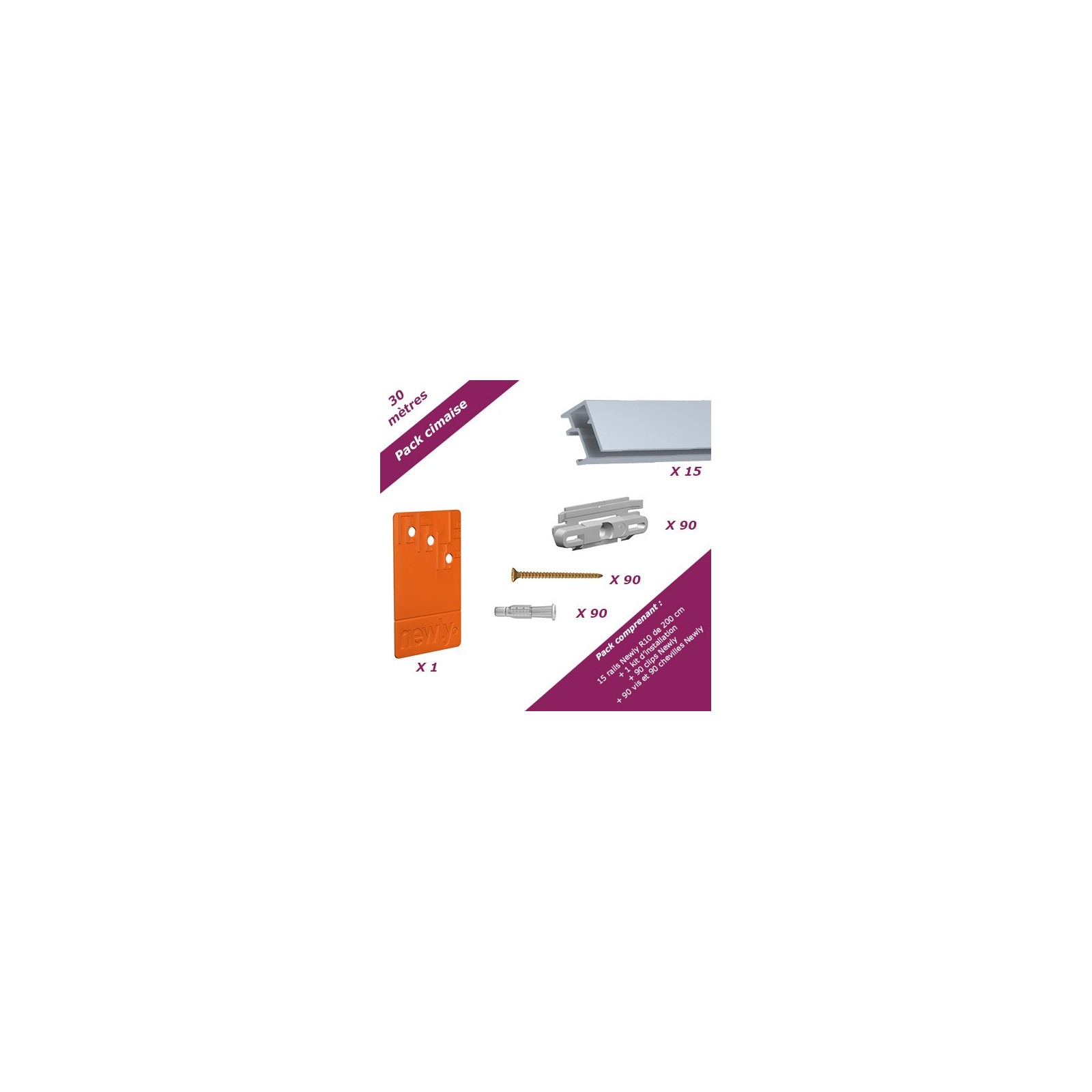 30 mètres Aluminium : Pack économique cimaise Newly R10 (rail et fixations)