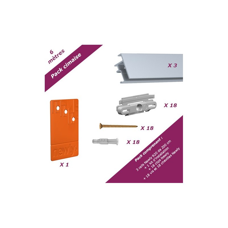 6 mètres Aluminium : Pack économique cimaise Newly R20 (rails et fixations) 6 mètres Aluminium : Pack économique cimaise Newly R20 (rails et fixations)