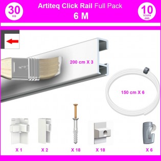 Pack Eco 6 mètres de cimaises Click Rail couleur Blanc (peut être peint) - Solution suspension cadres et tableaux