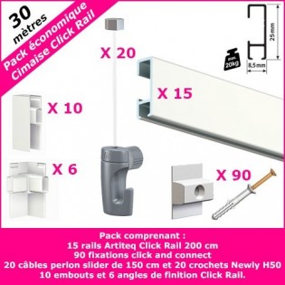 Pack Eco 30 mètres de cimaises Click Rail couleur Blanc laqué (RAL9010) - Solution suspension cadres et tableaux