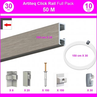 Pack Eco 50 mètres de cimaises Click Rail couleur Aluminium - Solution suspension cadres et tableaux
