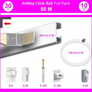 Pack Eco 50 mètres de cimaises Click Rail couleur Blanc (peut être peint) - Solution suspension cadres et tableaux