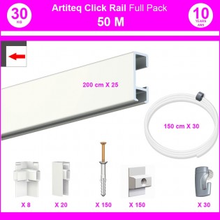 Pack Eco 50 mètres de cimaises Click Rail couleur Blanc laqué (RAL9010) - Solution suspension cadres et tableaux