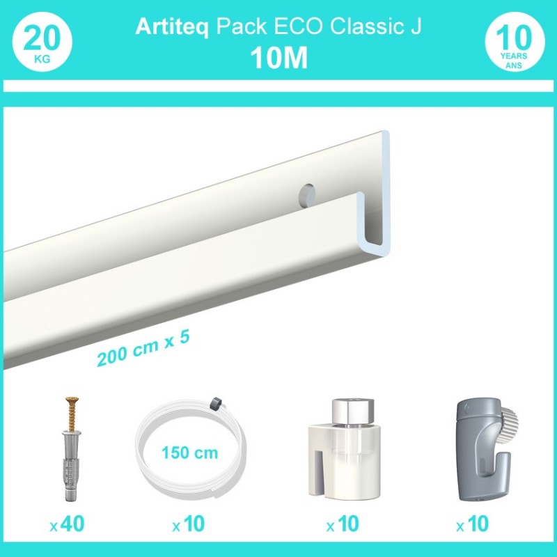 Pack complet 10 mètres cimaise Classic J couleur Blanc laqué - Suspension et déplacement facile de cadres et tableaux Pack complet 10 mètres cimaise Classic J couleur Blanc laqué - Suspension et déplacement facile de cadres et tableaux