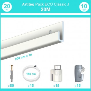 Pack complet 20 mètres cimaise Classic J couleur Blanc laqué - Suspension et déplacement facile de cadres et tableaux