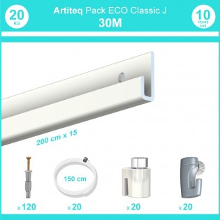 Pack complet 30 mètres cimaise Classic J couleur Blanc laqué - Suspension et déplacement facile de cadres et tableaux