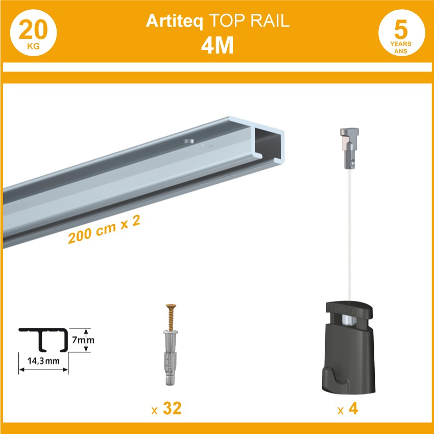 Pack 4 mètres cimaises Top Rail couleur Aluminium anodisé - Cimaise rail plafond pour suspension cadres et tableaux
