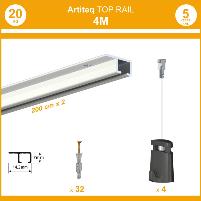Pack 4 mètres cimaises Top Rail couleur Blanc - Cimaise rail plafond pour suspension cadres et tableaux