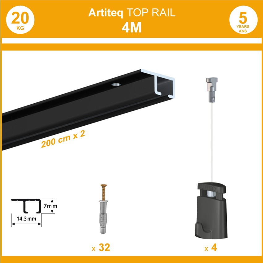 Pack 4 mètres cimaises Top Rail couleur Noir - Cimaise rail plafond pour suspension cadres et tableaux