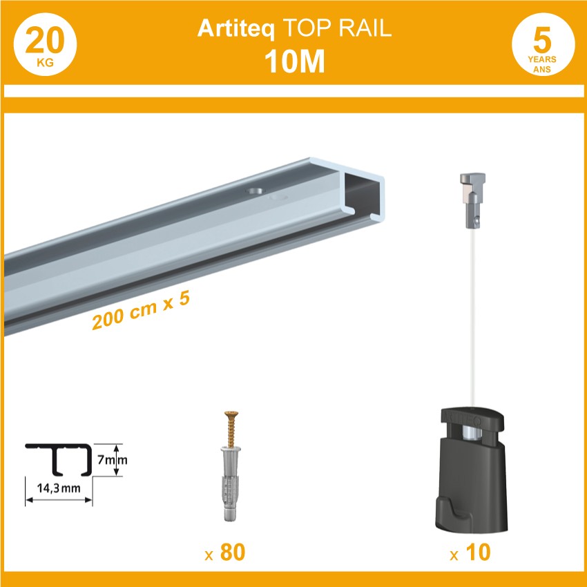 Pack 10 mètres cimaises Top Rail couleur Aluminium anodisé - Cimaise rail plafond pour suspension cadres et tableaux