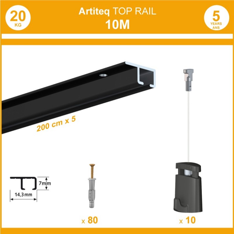 Pack 10 mètres cimaises Top Rail couleur Noir - Cimaise rail plafond pour suspension cadres et tableaux Pack 10 mètres cimaises Top Rail couleur Noir - Cimaise rail plafond pour suspension cadres et tableaux