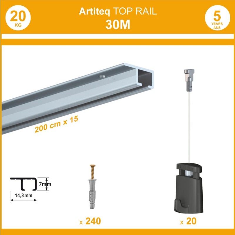 Pack 30 mètres cimaises Top Rail couleur Aluminium anodisé - Cimaise rail plafond pour suspension cadres et tableaux Pack 30 mètres cimaises Top Rail couleur Aluminium anodisé - Cimaise rail plafond pour suspension cadres et tableaux