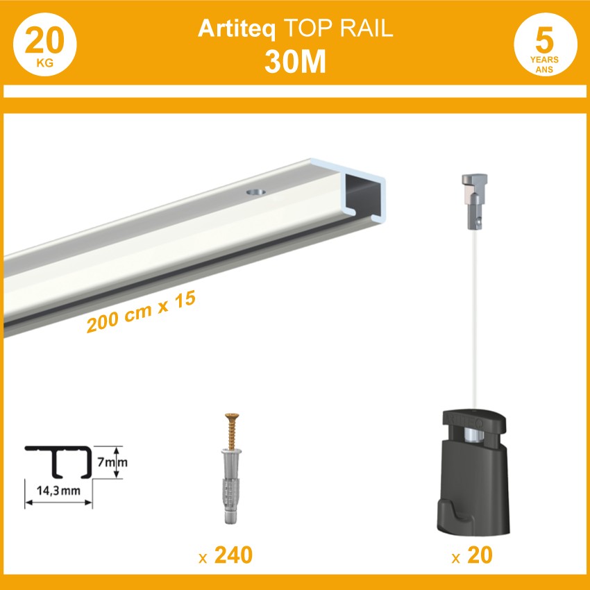 Pack 30 mètres cimaises Top Rail couleur Blanc - Cimaise rail plafond pour suspension cadres et tableaux