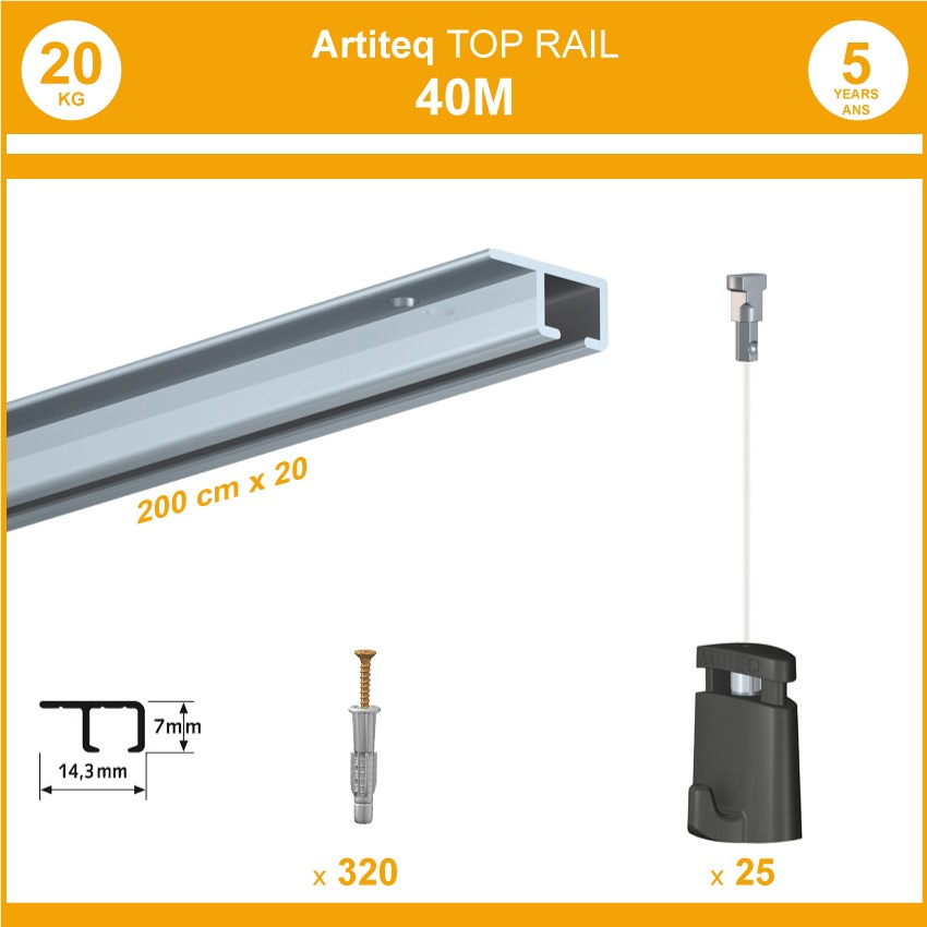 Pack 40 mètres cimaises Top Rail couleur Aluminium anodisé - Cimaise rail plafond pour suspension cadres et tableaux