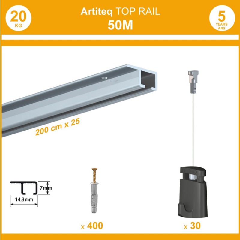 Pack 50 mètres cimaises Top Rail couleur Aluminium anodisé - Cimaise rail plafond pour suspension cadres et tableaux