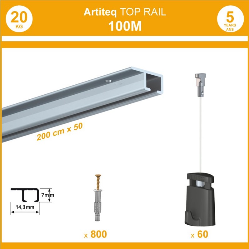 Pack 100 mètres cimaises Top Rail couleur Aluminium anodisé - Cimaise rail plafond pour suspension cadres et tableaux Pack 100 mètres cimaises Top Rail couleur Aluminium anodisé - Cimaise rail plafond pour suspension cadres et tableaux