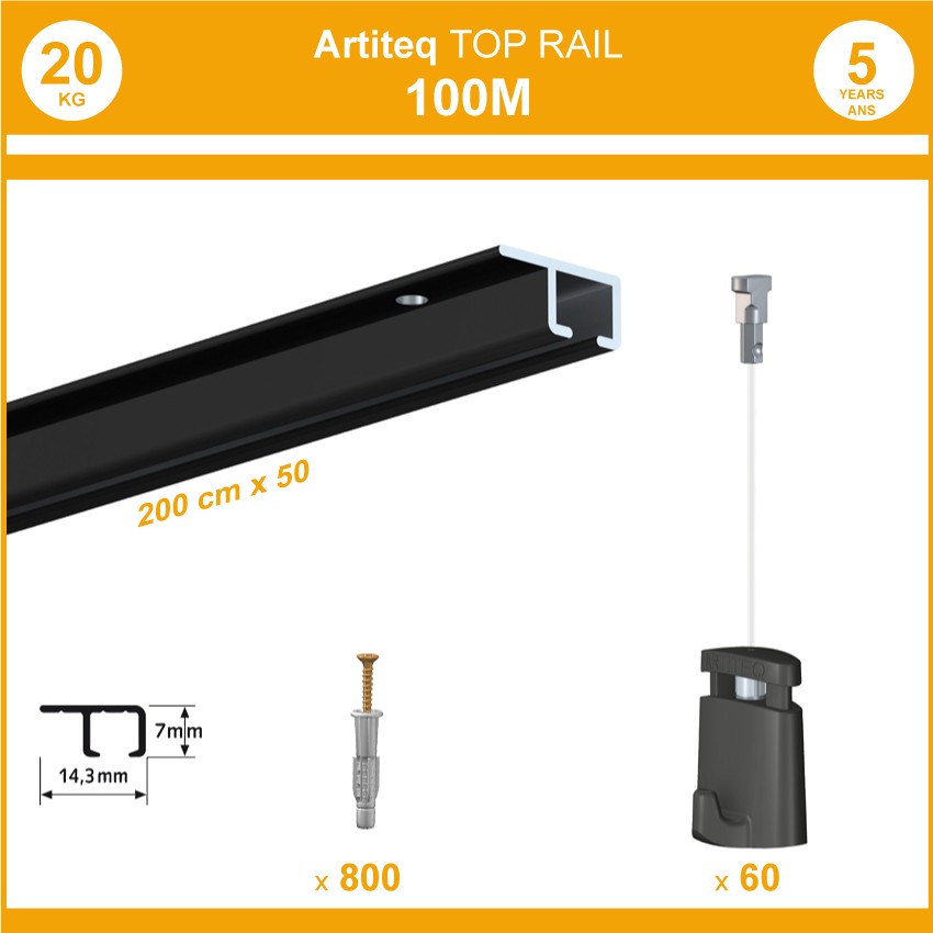 Pack 100 mètres cimaises Top Rail couleur Noir - Cimaise rail plafond pour suspension cadres et tableaux