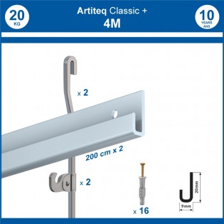 Pack 4 mètres cimaises Classic + Gallery couleur Aluminium - Solution d'accrochage pour décoration murale lourde