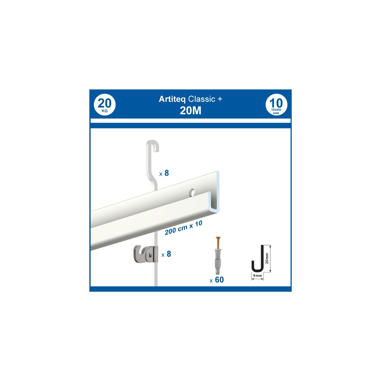 Pack 20 mètres cimaises Classic + Gallery couleur Blanc - Solution d'accrochage pour décoration murale lourde