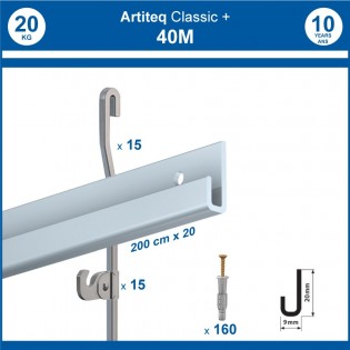 Pack 40 mètres cimaises Classic + Gallery couleur Aluminium - Solution d'accrochage pour décoration murale lourde