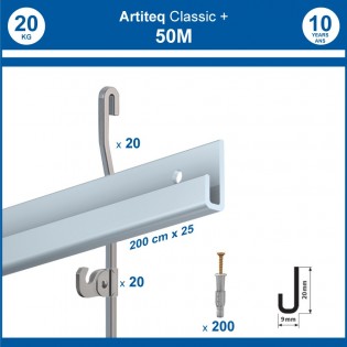 Pack 50 mètres cimaises Classic + Gallery couleur Aluminium - Solution d'accrochage pour décoration murale lourde