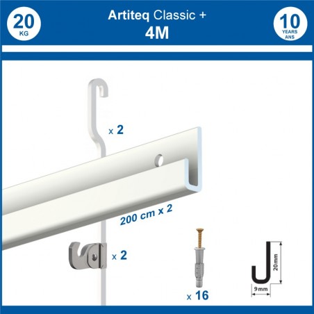 Pack 4 mètres cimaises Classic + Gallery couleur Blanc - Solution d'accrochage pour décoration murale lourde
