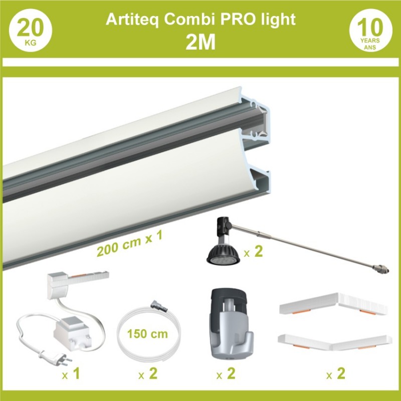 Pack complet 2 mètres cimaises murales Combi Pro Light + Armature 50 cm pour éclairage de tableaux Pack complet 2 mètres cimaises murales Combi Pro Light + Armature 50 cm pour éclairage de tableaux
