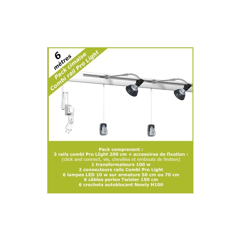 Pack complet 6 mètres cimaises murales Combi Pro Light + Armature 50 cm pour éclairage de tableaux Pack complet 6 mètres cimaises murales Combi Pro Light + Armature 50 cm pour éclairage de tableaux