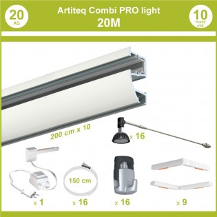 Pack complet 20 mètres cimaises murales Combi Pro Light + Armature 50 cm pour éclairage de tableaux