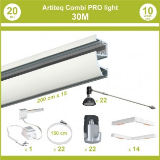 Pack complet 30 mètres cimaises murales Combi Pro Light + Armature 50 cm pour éclairage de tableaux